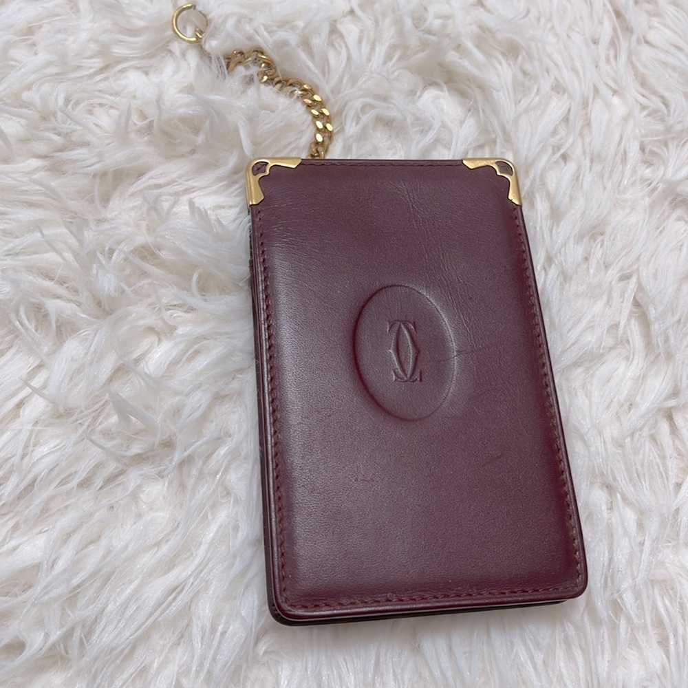 Cartier Bordeaux Leather Card Holder with Gold-Tone Corners & Chain
